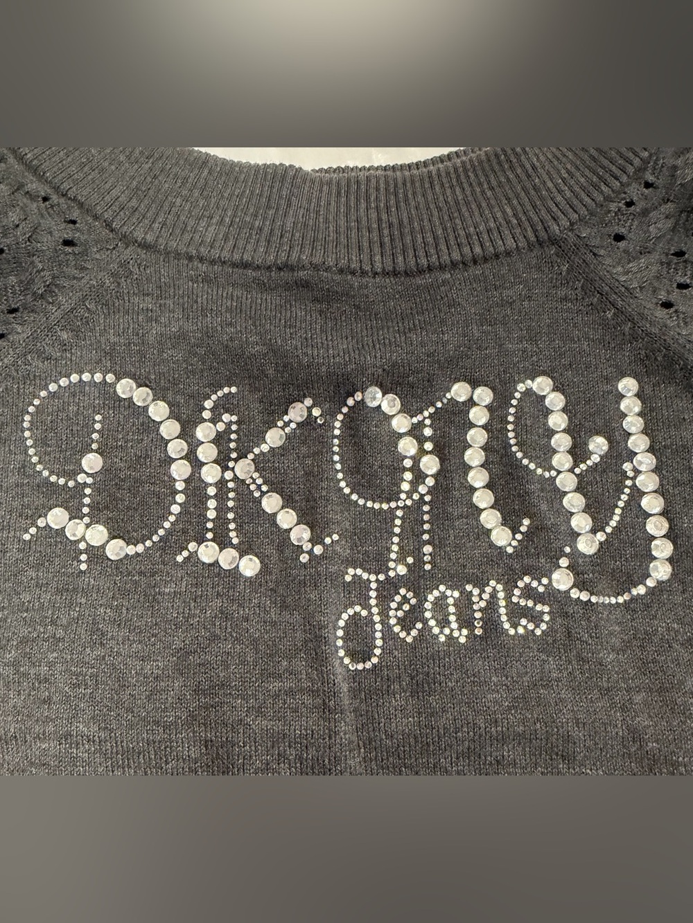 DKNY- Charcoal Gray Rhinestone Logo Sweater - Picture 4 of 7